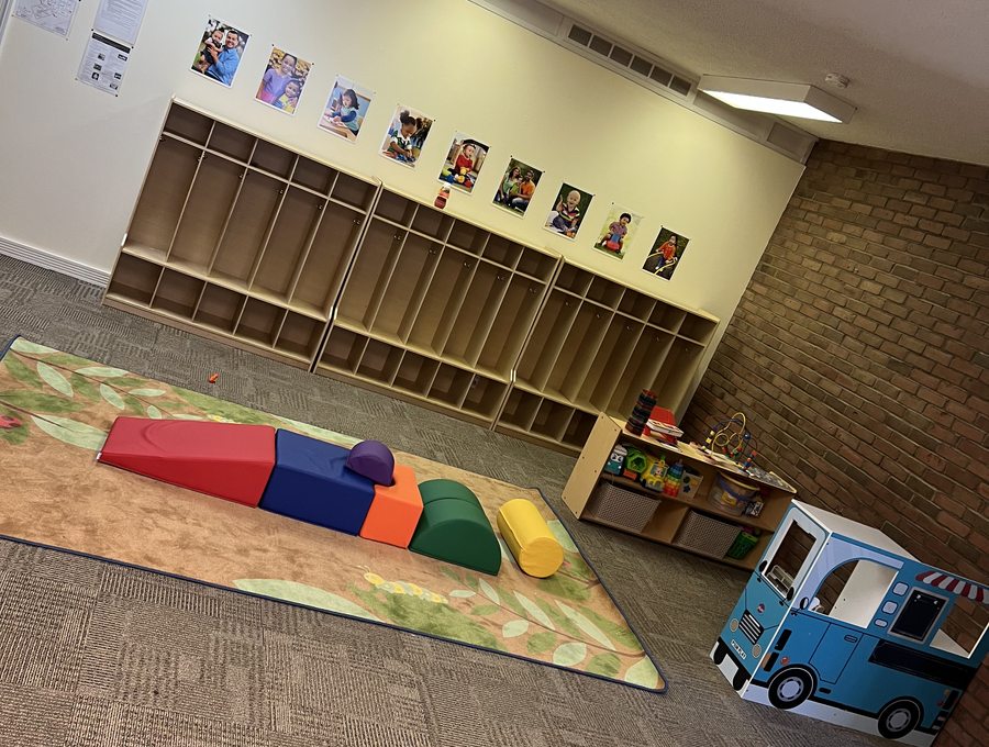 Indoor play and gross motor area with soft blocks and toys